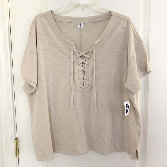 Old Navy Lace Up Top Loose Slub Knit Tee Short Sleeve Beige T-Shirt Size XXL NEW - Picture 2 of 6